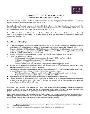 KKR Real Estate Finance Trust Inc. Reports Second Quarter 2026 Results
